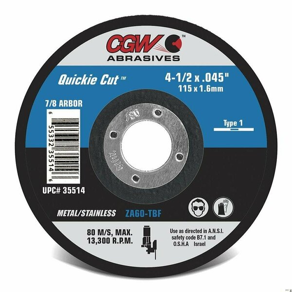 Cgw Abrasives Quickie Cut Quickie Cut Flexible Straight Cut-Off Wheel, 6 in Dia x 0.045 in THK, 7/8 in Center Hole 35517